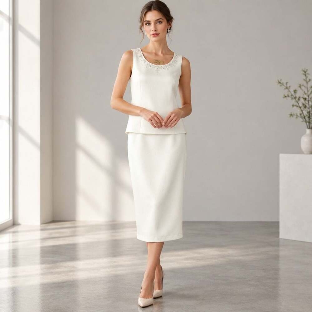 Kasper Two-Piece Skirt Set Size 12 Ivory Beaded Tank and Skirt